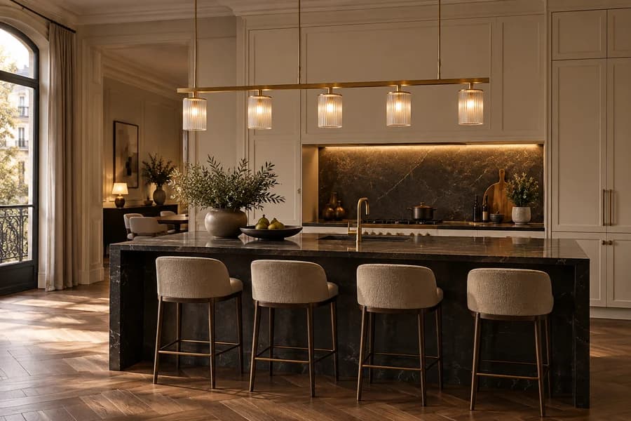 Warm architectural interior illuminated by pendant lights